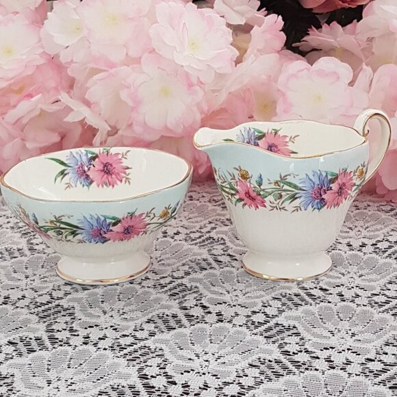 EB Foley Cornflower Blue Bone China Sugar Bowl and Milk Jug Set Pink Blue Flower - Picture 6 of 10